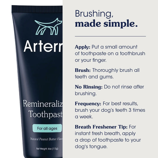 Arterra Remineralizing Dog Toothpaste with nano-hydroxyapatite, peanut butter flavour, safe to swallow.