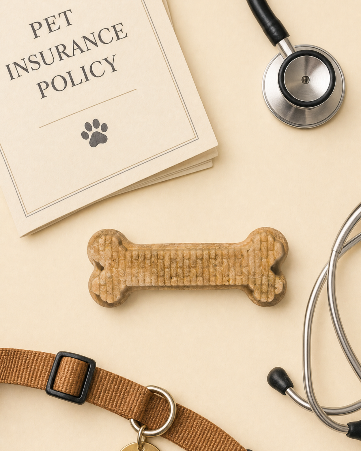 Arterra dental chew alongside a folded pet insurance policy, stethoscope and dog collar on a warm cream backdrop
