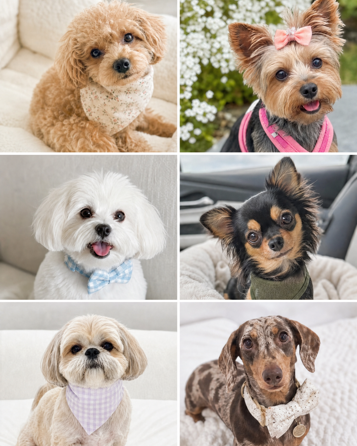 Collage of six small-breed dogs, real Arterra customer submissions