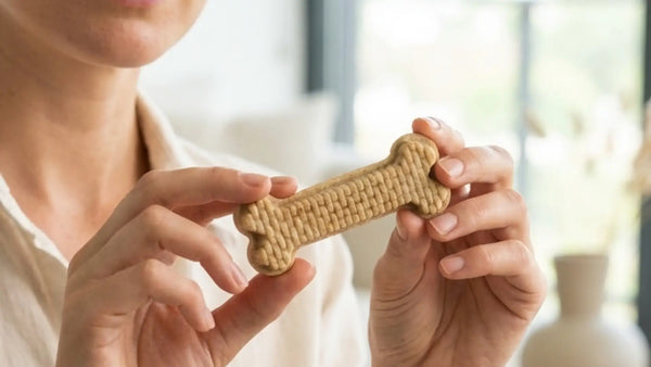 A person holding an Arterra dental chew, showcasing its structure designed for daily, science-backed preventative oral care.