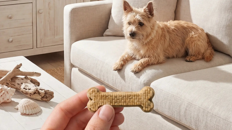 A person offering an Arterra dental chew to a dog resting on a sofa, illustrating the ease of adding Arterra to a daily wellness routine.
