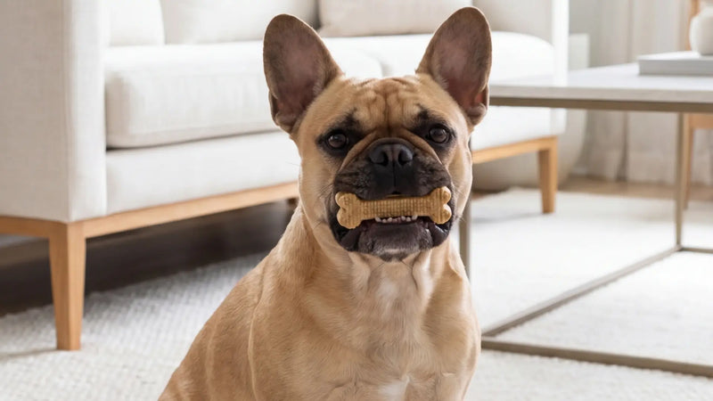 A French Bulldog holding an Arterra dental chew, enjoying the chew's effectiveness as a proactive, veterinarian-formulated solution for stronger teeth.