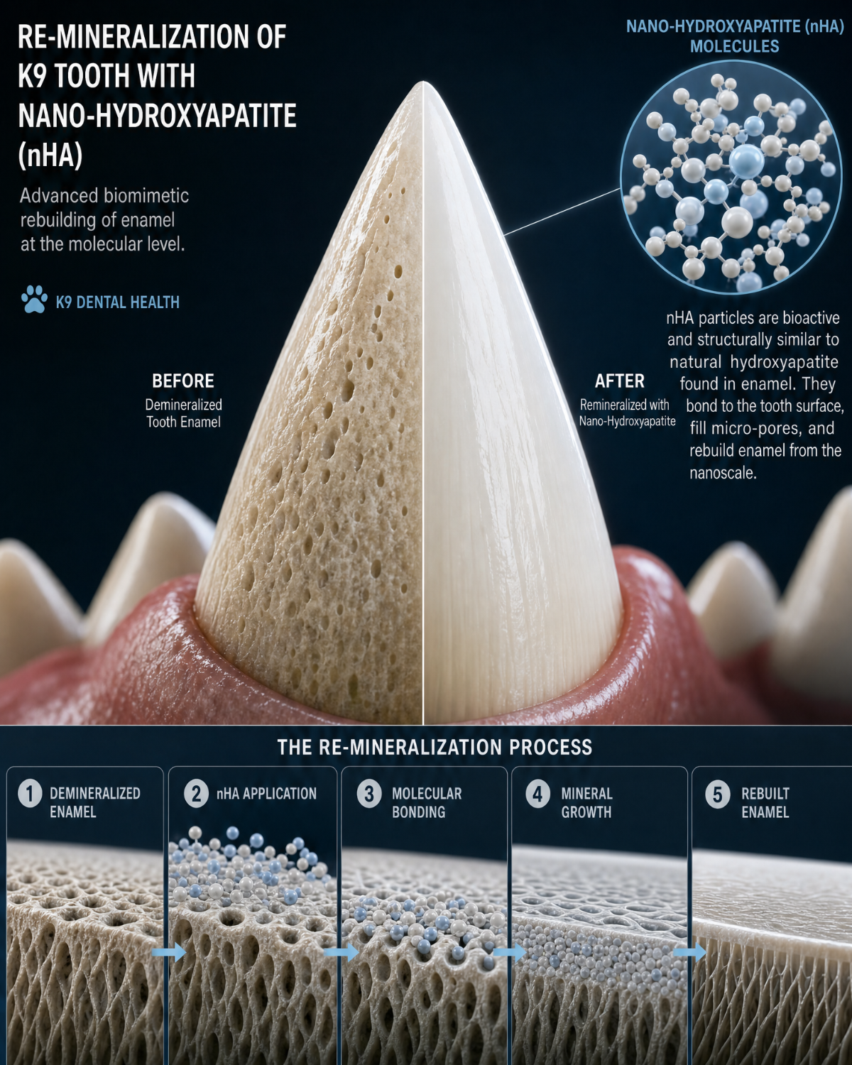 Infographic showing how Nano-Hydroxyapatite bonds to and remineralizes tooth enamel at the microscale