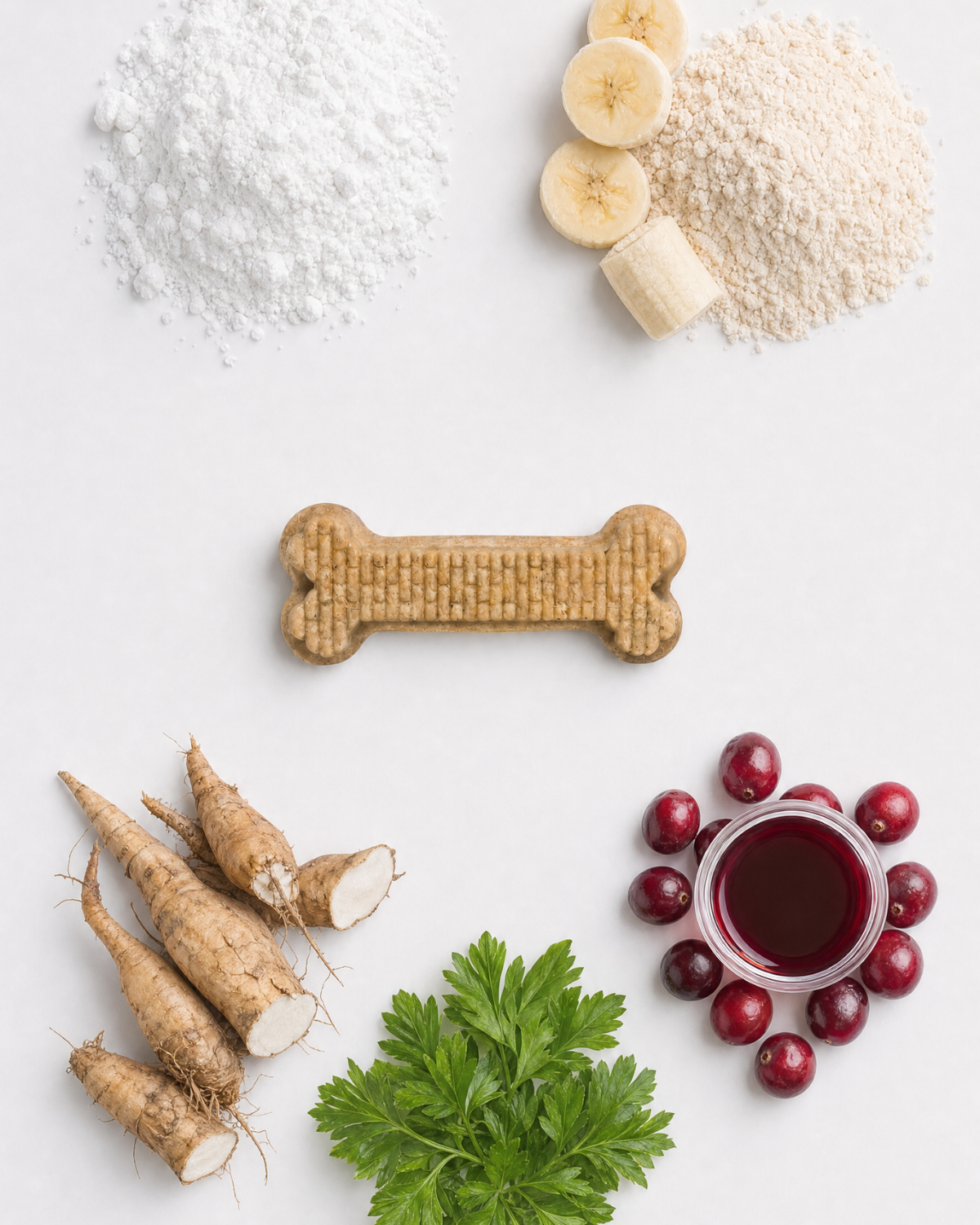 Flat lay of Arterra prebiotic ingredients including banana flour and chicory root