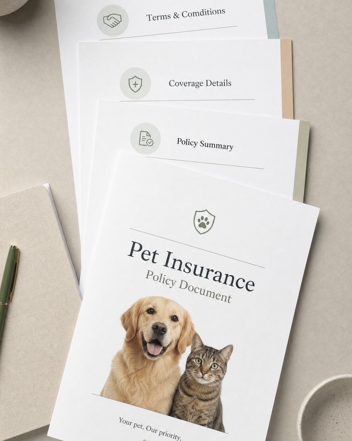Multiple pet insurance policy documents fanned out on a light surface