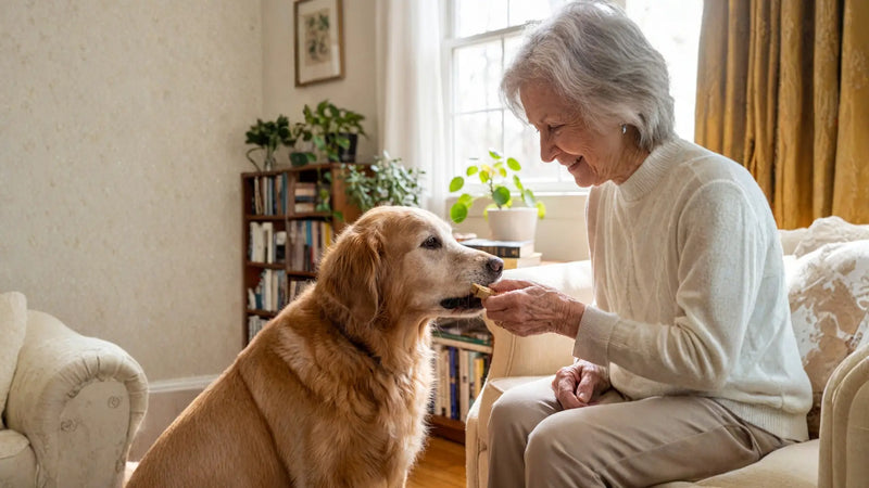 An elderly woman sitting in a bright, cozy living room, smiling as she feeds an Arterra dental chew to her golden retriever, emphasizing the chew’s role in a simple, daily health routine for dogs of all ages.