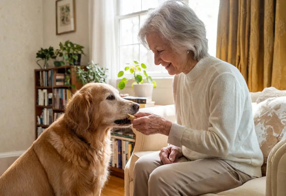 An elderly woman sitting in a bright, cozy living room, smiling as she feeds an Arterra dental chew to her golden retriever, emphasizing the chew’s role in a simple, daily health routine for dogs of all ages.