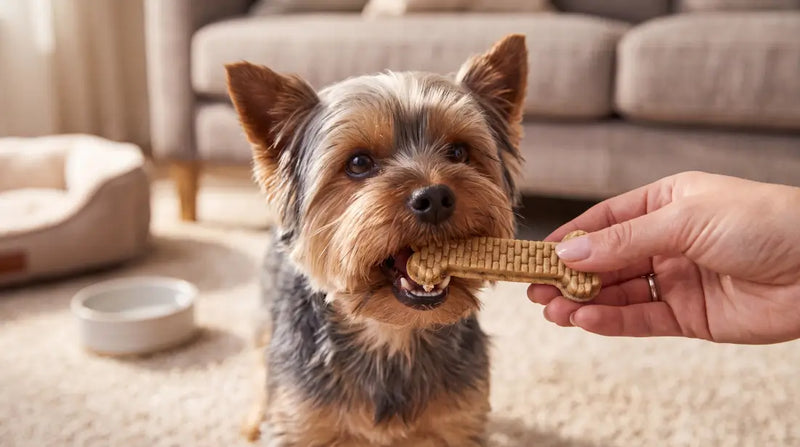 Yorkie and small breed dog safely chewing a textured Arterra daily dental chew for overall k9 health.