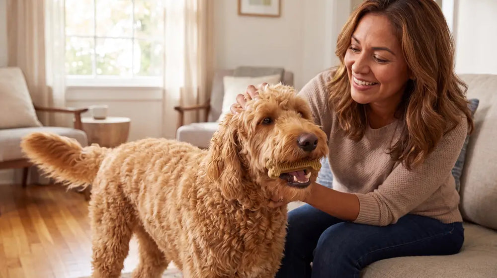Happy dog chewing an effective Arterra daily dental chew to prevent tartar and plaque.