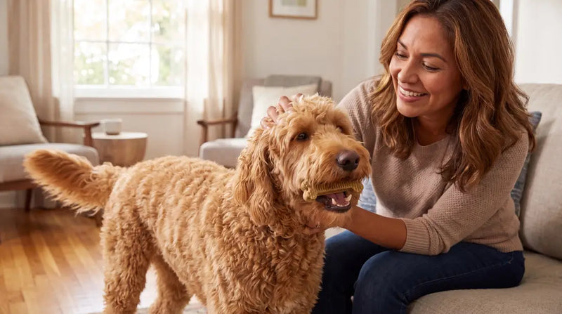 Happy dog chewing an effective Arterra daily dental chew to prevent tartar and plaque.