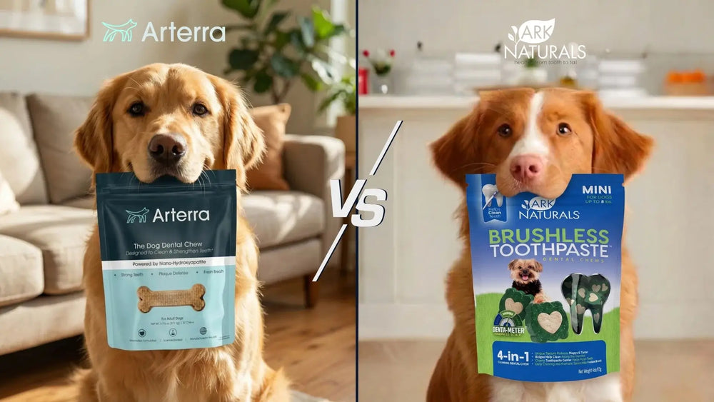Arterra dog dental chew product comparison against Arc Naturals for canine oral health and plaque reduction.
