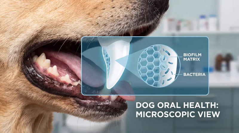 Microscopic view of a dog's tooth enamel showing how plaque biofilm and bacteria form.