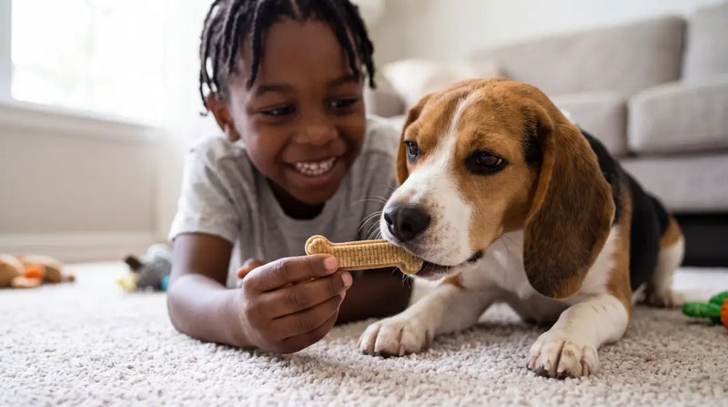 Beagle enjoying a healthy, dog-safe Arterra dental chew for clean teeth and fresh breath.