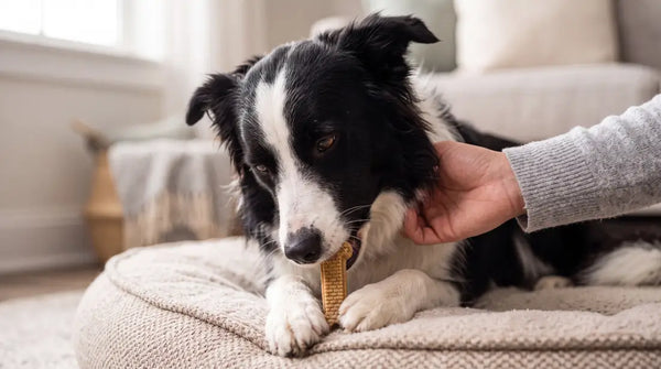 Border Collie happily chewing an Arterra daily dental chew for clean teeth and fresh breath.