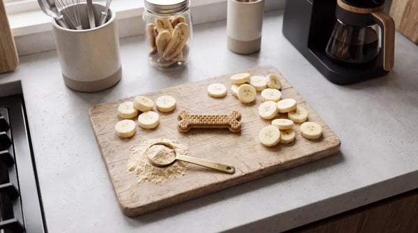 Natural ingredients including banana slices and wholesome components used in science-backed Arterra dog dental chews.