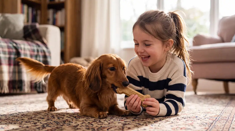 Smiling child feeding a healthy, dog-safe Arterra dental chew with nHA to a dachshund puppy at home.