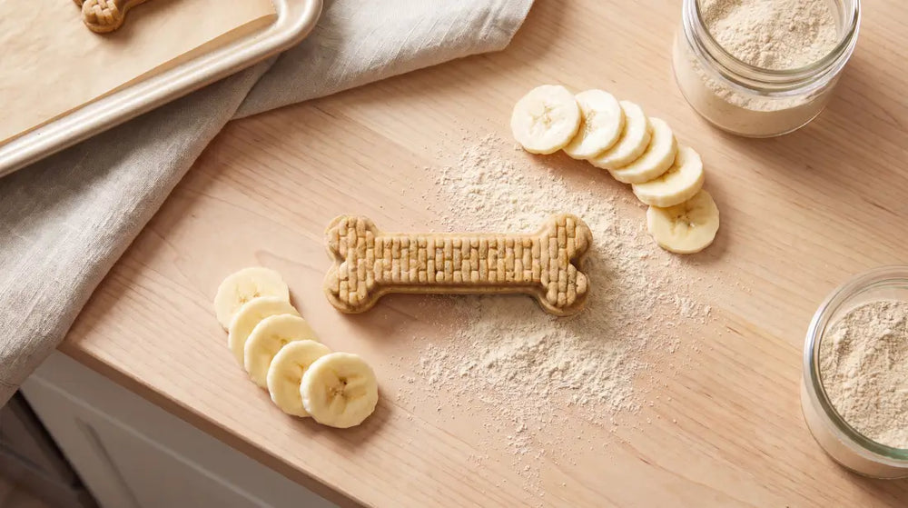 Close-up of a textured bone-shaped Arterra dog dental chew surrounded by fresh banana slices and wholesome banana powder.