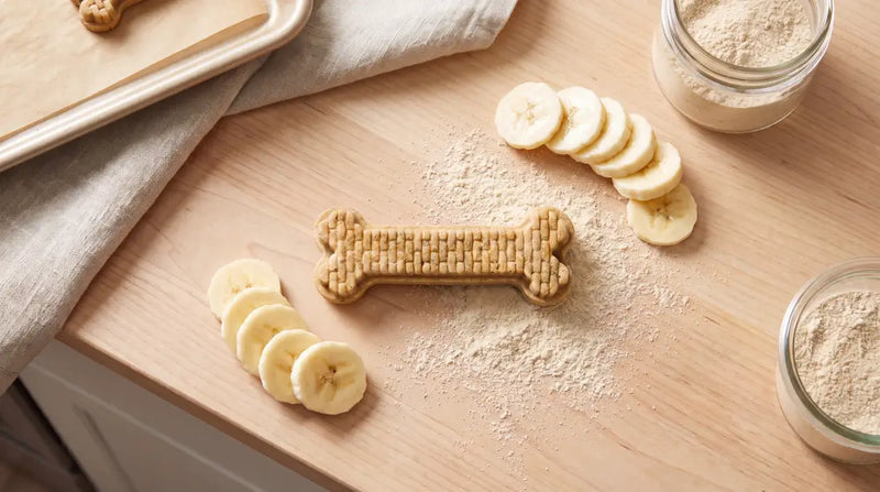 Close-up of a textured bone-shaped Arterra dog dental chew surrounded by fresh banana slices and wholesome banana powder.