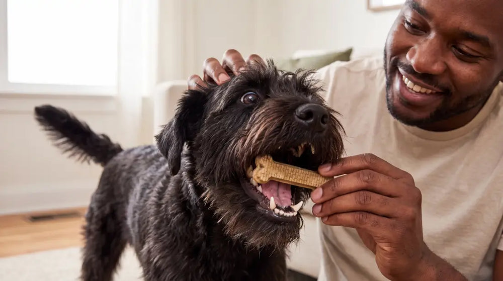Pet parent smiling while giving a black terrier Arterra daily dental chews for optimal oral hygiene.