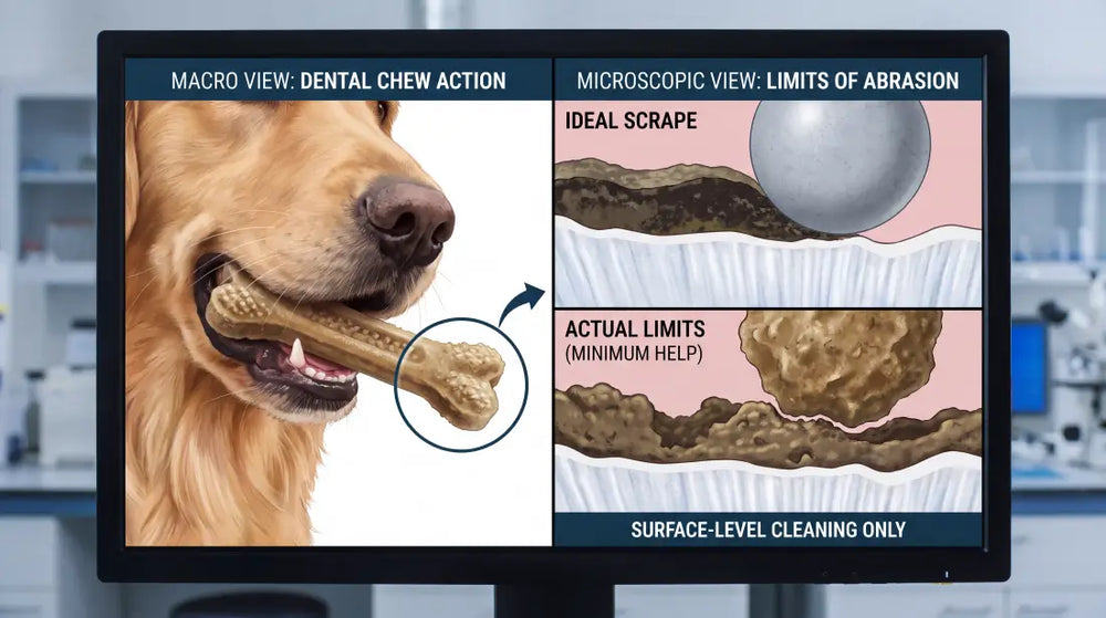 Scientific diagram comparing macro dental chew action with microscopic views of plaque abrasion limits on dog tooth enamel.