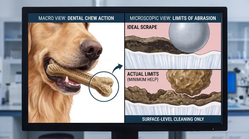 Scientific diagram comparing macro dental chew action with microscopic views of plaque abrasion limits on dog tooth enamel.