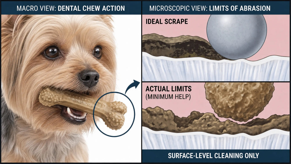 Scientific diagram comparing macro dental chew action with microscopic views of plaque abrasion limits on dog tooth enamel.