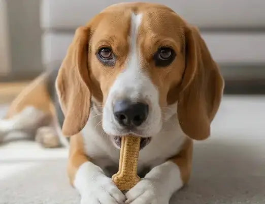 A Beagle puppy lying down and chewing on a bone-shaped Arterra Dental Chew.