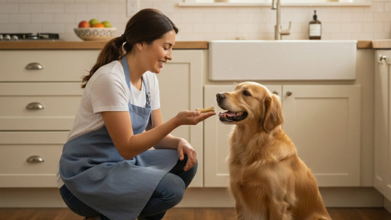A woman in a kitchen kneels to give a bone-shaped Arterra Dental Chew to a Golden Retriever.