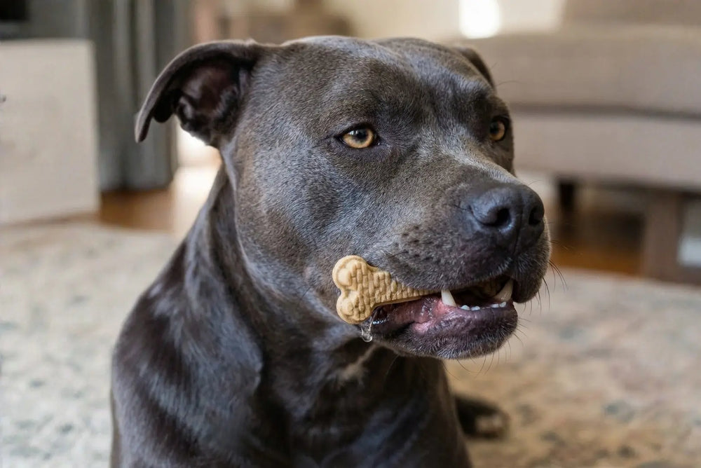 A close-up of a charcoal-grey pit bull type dog holding an Arterra Dental Chew bone-shaped treat in its mouth while resting on a rug indoors.
