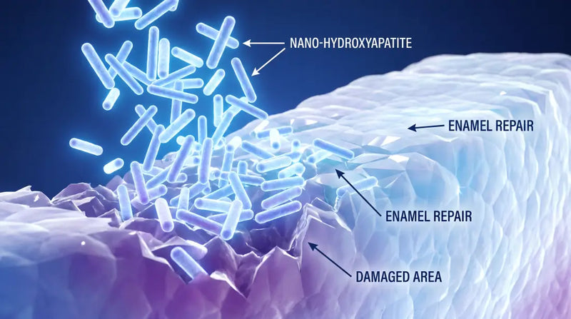 Scientific diagram illustrating nano-hydroxyapatite particles working on tooth enamel repair and remineralization.