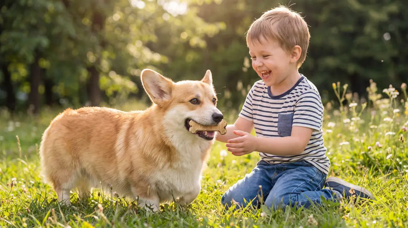 Young child smiling and feeding an Arterra dental chew to a happy corgi in a sunny outdoor park setting.