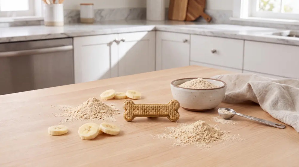 Clean, modern kitchen counter layout showcasing natural banana slices and wholesome prebiotic powder next to an Arterra dental chew.