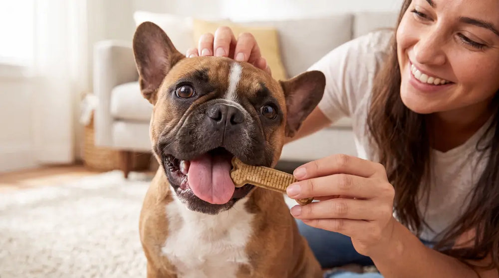 Pet owner smiling while giving a French Bulldog a Arterra daily dental chew at home.