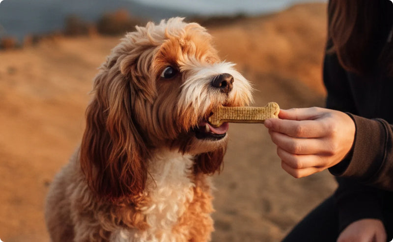 Proactive owner feeding Arterra dental chew to a small dog during outdoor activities for portable dental health support.
