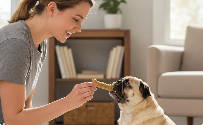Owner rewarding a Pug with an Arterra dental chew to promote daily oral hygiene and bonding at home.