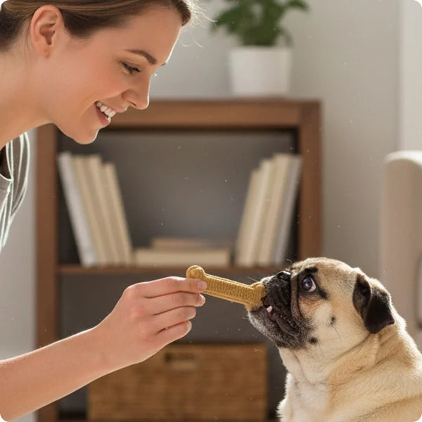 Owner rewarding a Pug with an Arterra dental chew to promote daily oral hygiene and bonding at home.