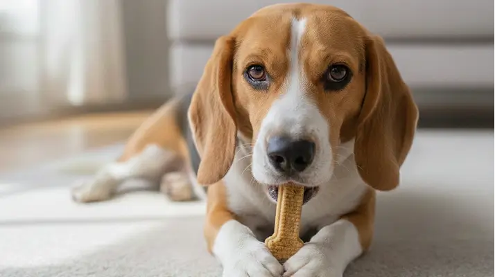A Beagle puppy lying down and chewing on a bone-shaped Arterra Dental Chew.