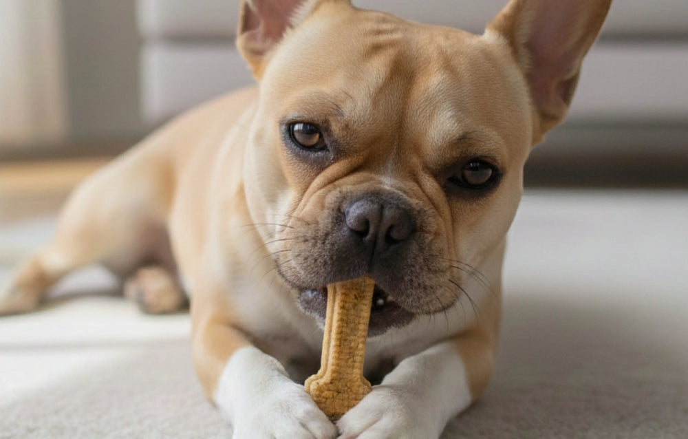 Arterra's nano-hydroxyapatite formula being delivered to a French Bulldog through a durable chew to support structural tooth health and long-term oral hygiene.