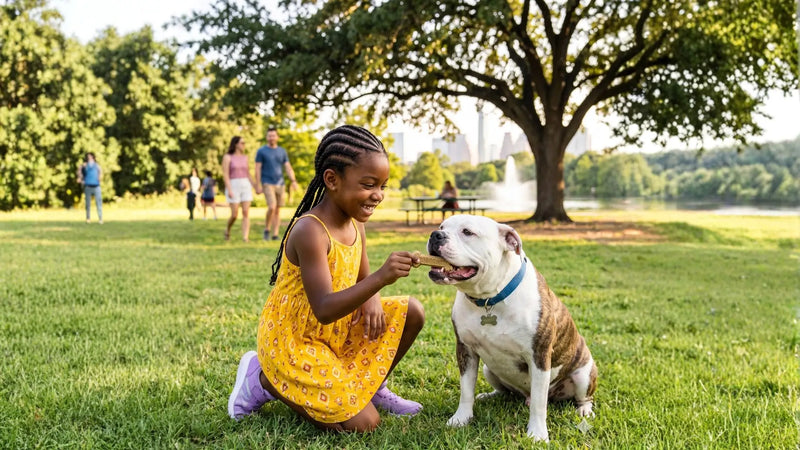 A young girl in a yellow dress happily feeds an Arterra dental chew to a brindle and white dog in a sunny park, highlighting the chew as an easy-to-use part of a healthy, everyday routine for dogs.