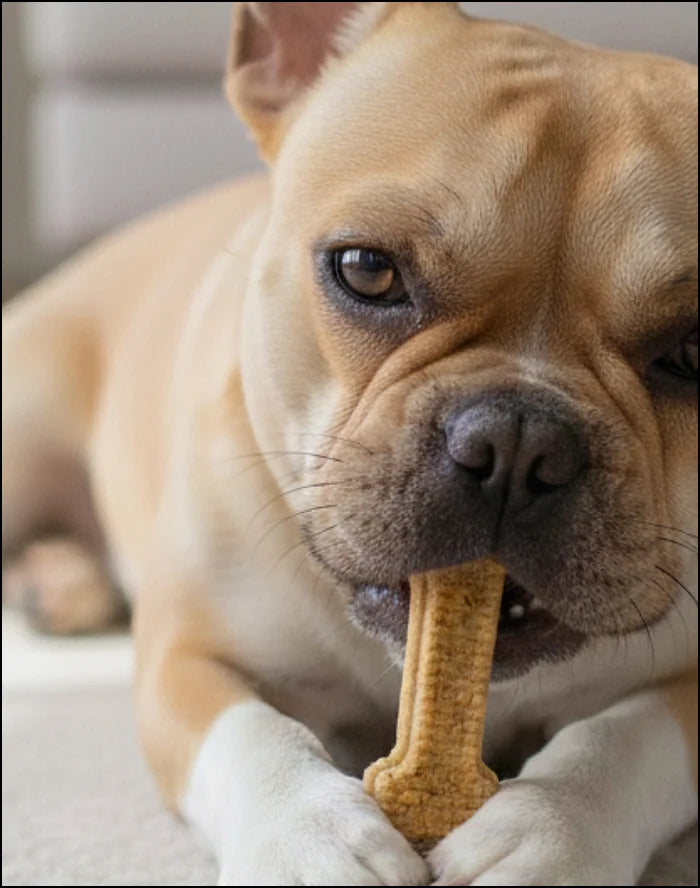 Arterra's nano-hydroxyapatite formula being delivered to a French Bulldog through a durable chew to support structural tooth health and long-term oral hygiene.