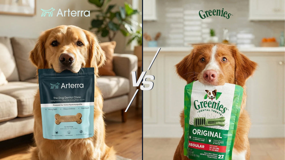 Side by side product comparison of Arterra comprehensive wellness supplement and the standard Greenies dental treat